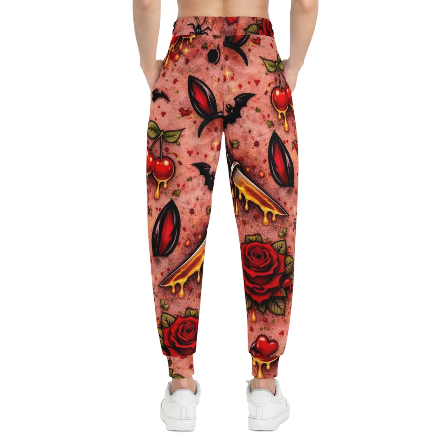 Gothic Cherry Tattoo Joggers — Vampire Bat & Rose All-Over Print Athletic Pants