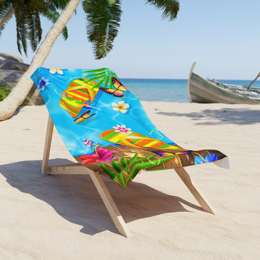 Vibrant Tropical Beach Towel with Flip Flops and Flowers - Perfect for Summer Vacation