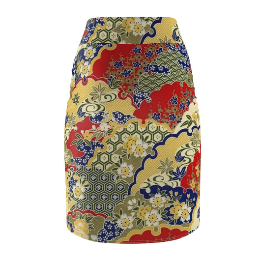 Vibrant Floral Women's Pencil Skirt - Elegant Japanese Design