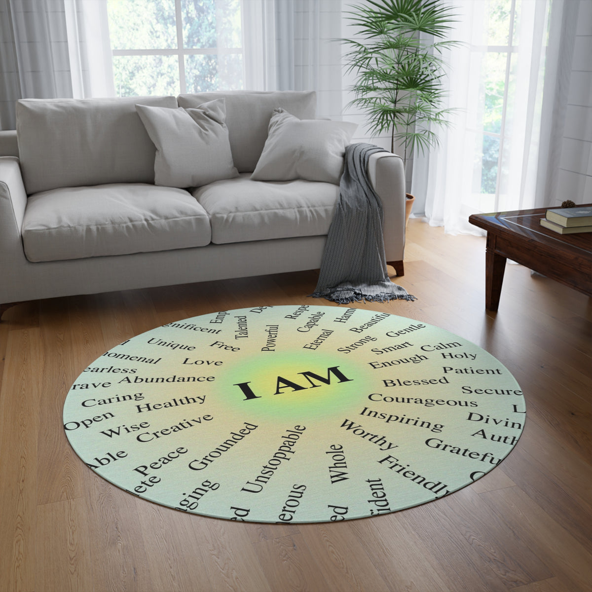 Round Affirmation Rug — "I AM" Positive Words Meditation Mat