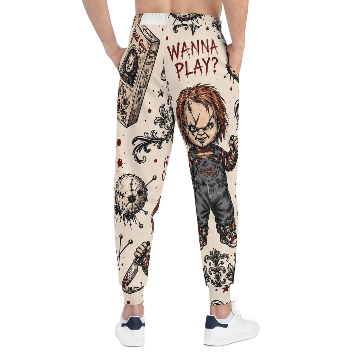 Chucky “Wanna Play?” Horror Joggers — All-Over Print Creepy Doll Sweatpants
