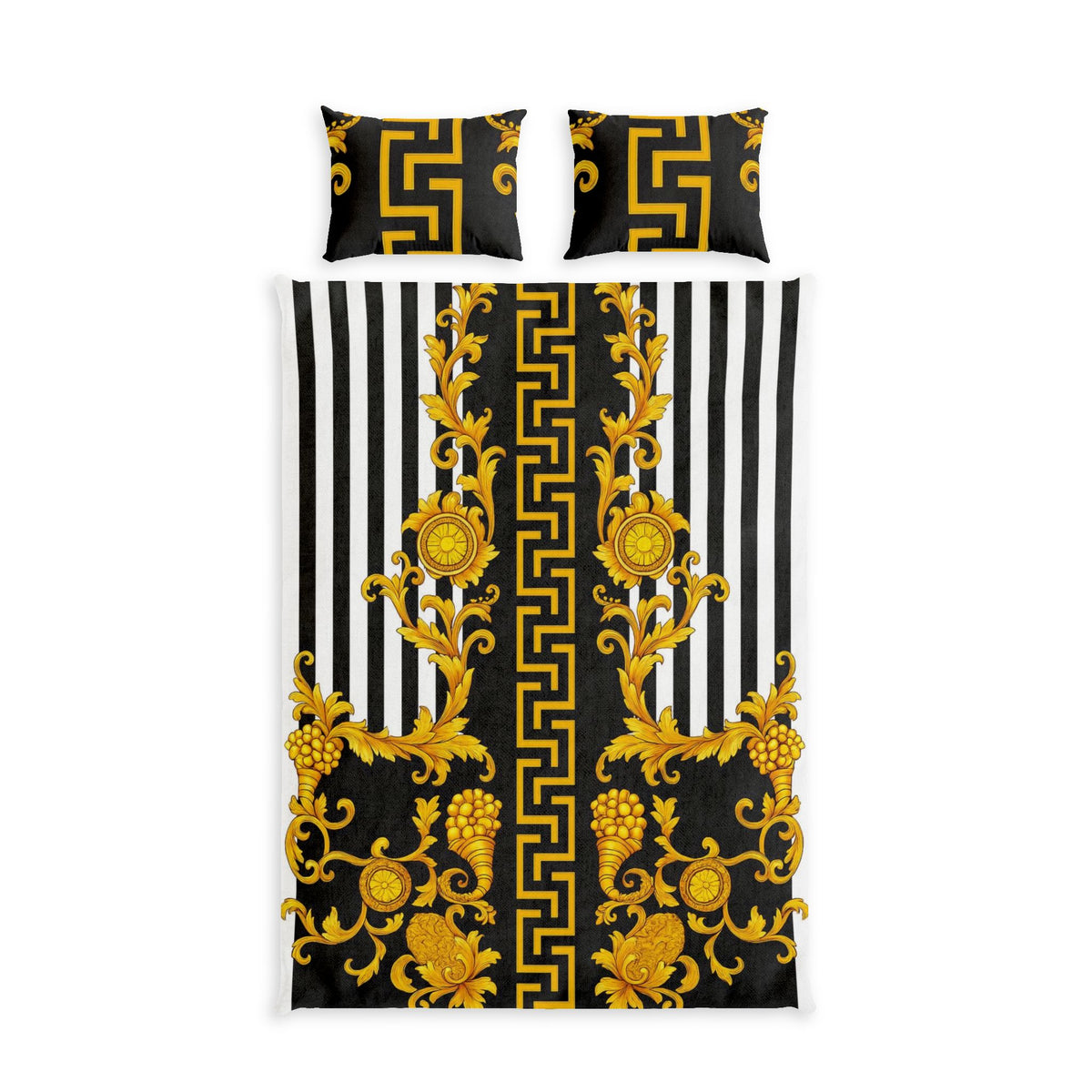 Baroque Gold Scroll Cotton Bedding Set — Black & White Striped Duvet Cover