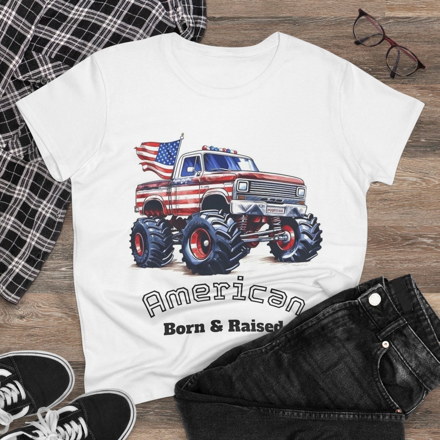 Patriotic Women's Tee, American Flag Shirt, Vintage Truck Graphic Tee, Gift for Truck Lovers, Casual Independence Day Top