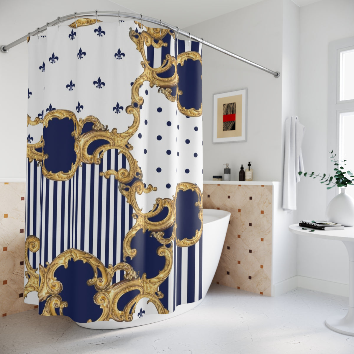 Baroque Navy & Gold Shower Curtain — Stripes, Polka Dots & Fleur-de-Lis Bath Decor