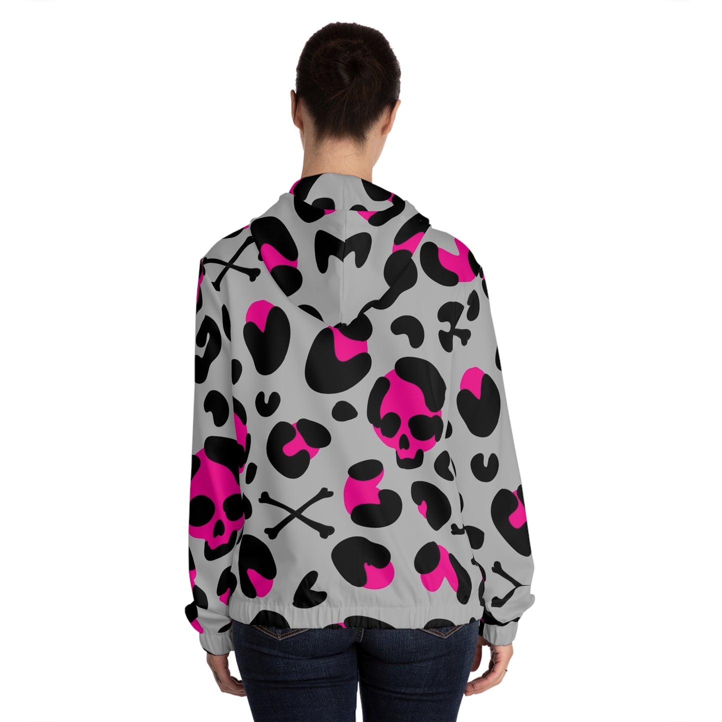 Women’s Zip Hoodie — Pink & Black Skull Leopard All-Over Print