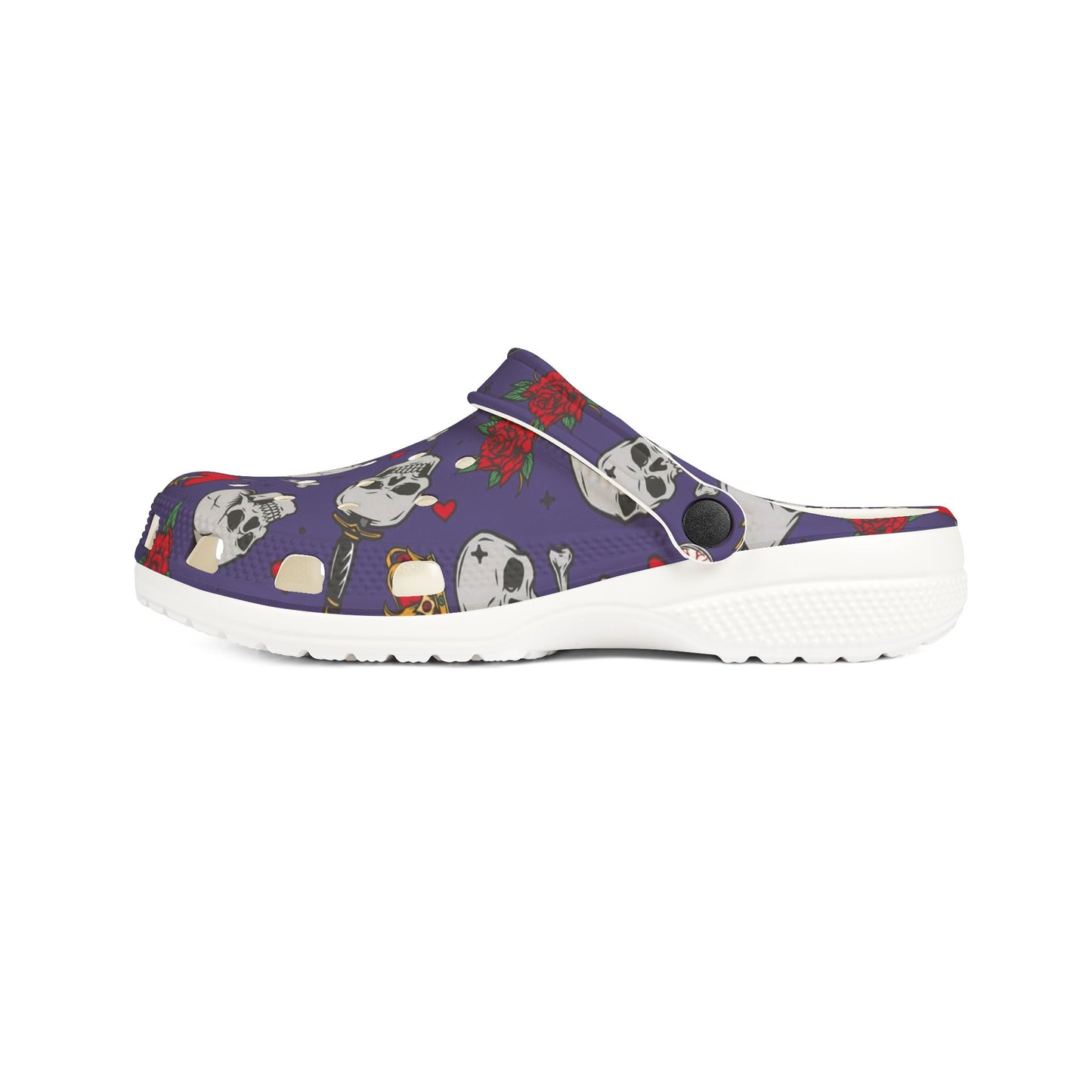Clogs mit Totenkopf- und Rosenmotiv – trendige Komfortschuhe für den Alltag