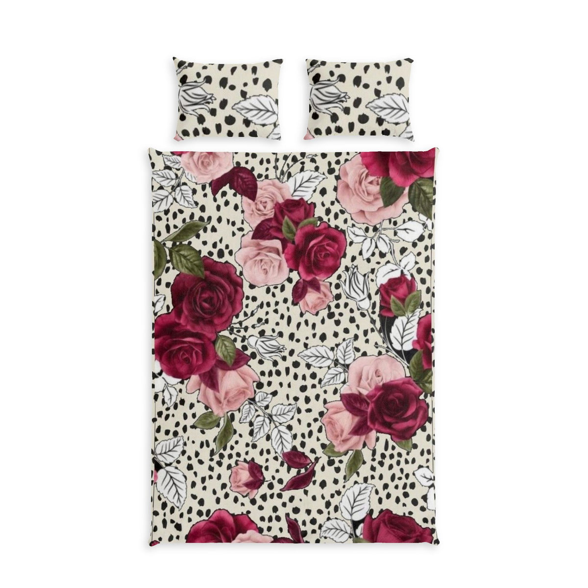 Floral Rose Duvet Cover Set — Pink & Burgundy Roses on Speckled Cream Cotton Bed Set