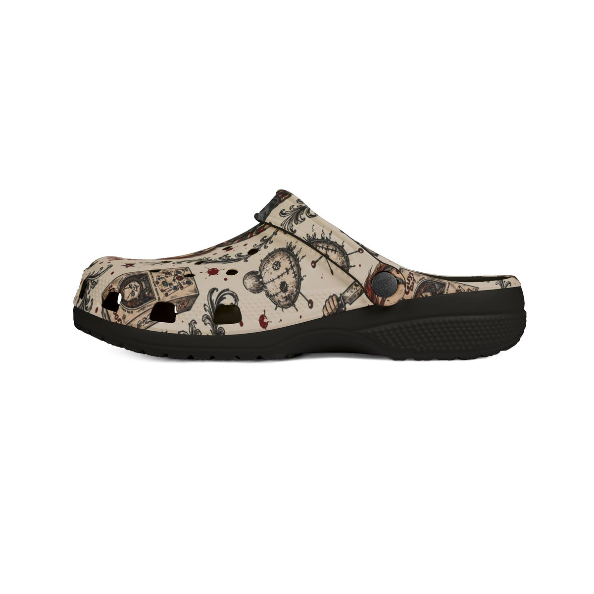Horror Doll EVA Clogs — "Wanna Play?" All-Over Print Comfort Shoes