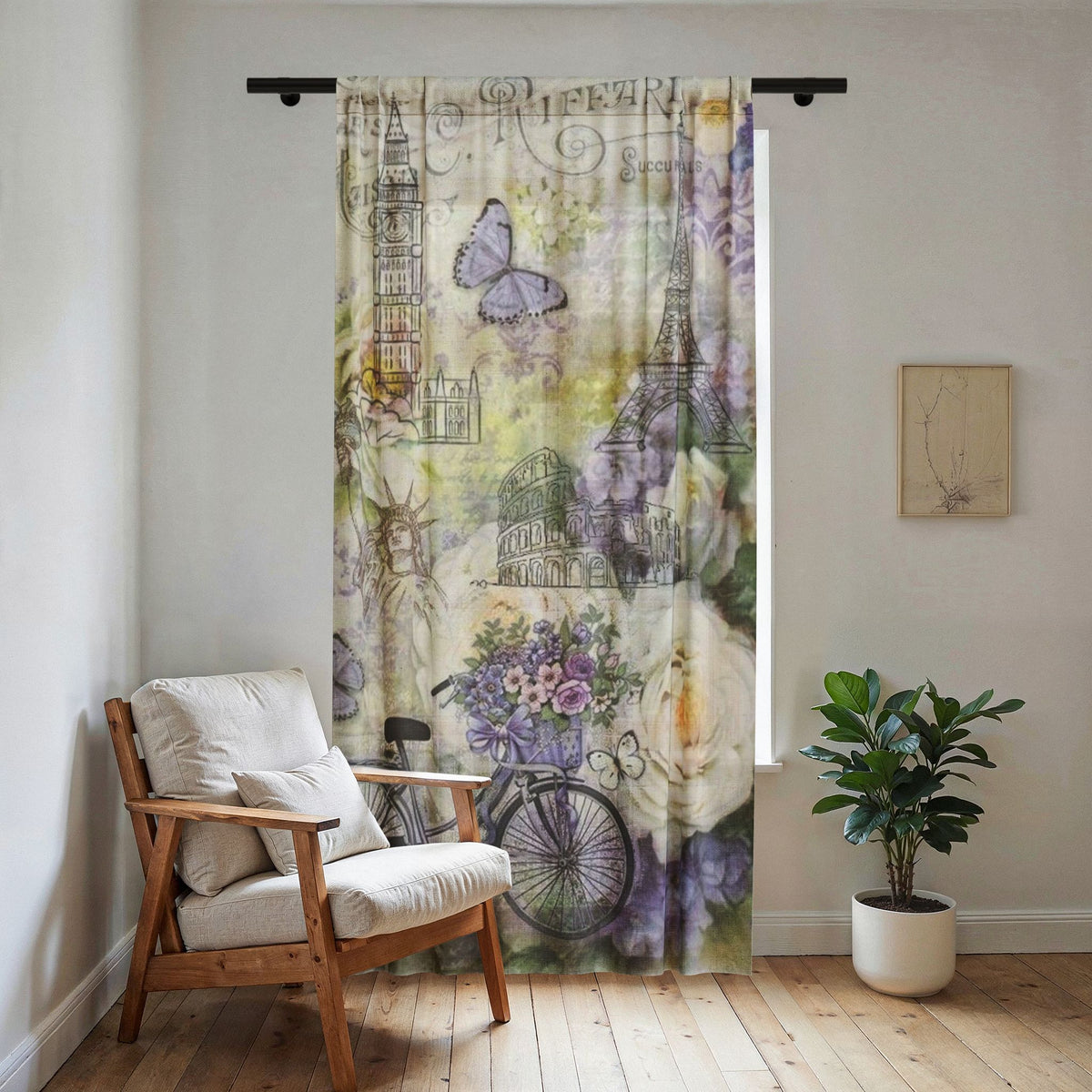 Sheer Curtain — Vintage Paris Floral Bicycle Print