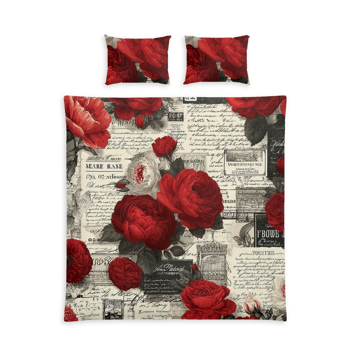 Rose Vintage Cotton Bed Set — Red Floral Duvet Cover with Script Print