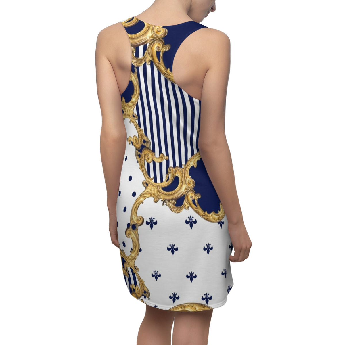 Baroque Gold & Navy Racerback Dress — Striped Fleur-de-Lis