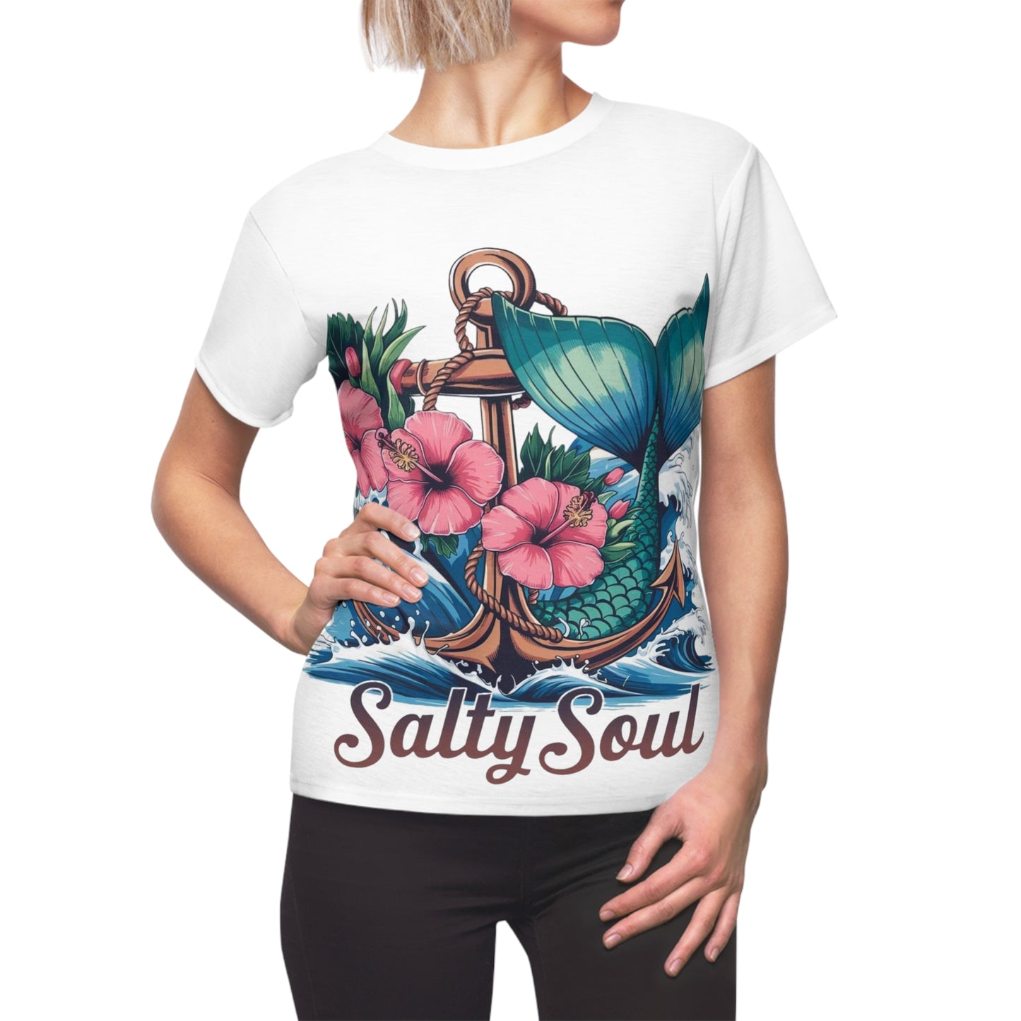 Salty Soul Damen Cut & Sew T-Shirt – Maritimes Meerjungfrauen- und Blumendesign