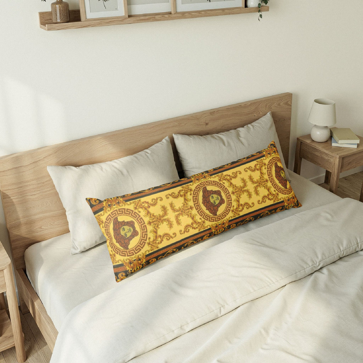 Baroque Lion Medallion Body Pillow — Gold Ornate Decorative Bolster
