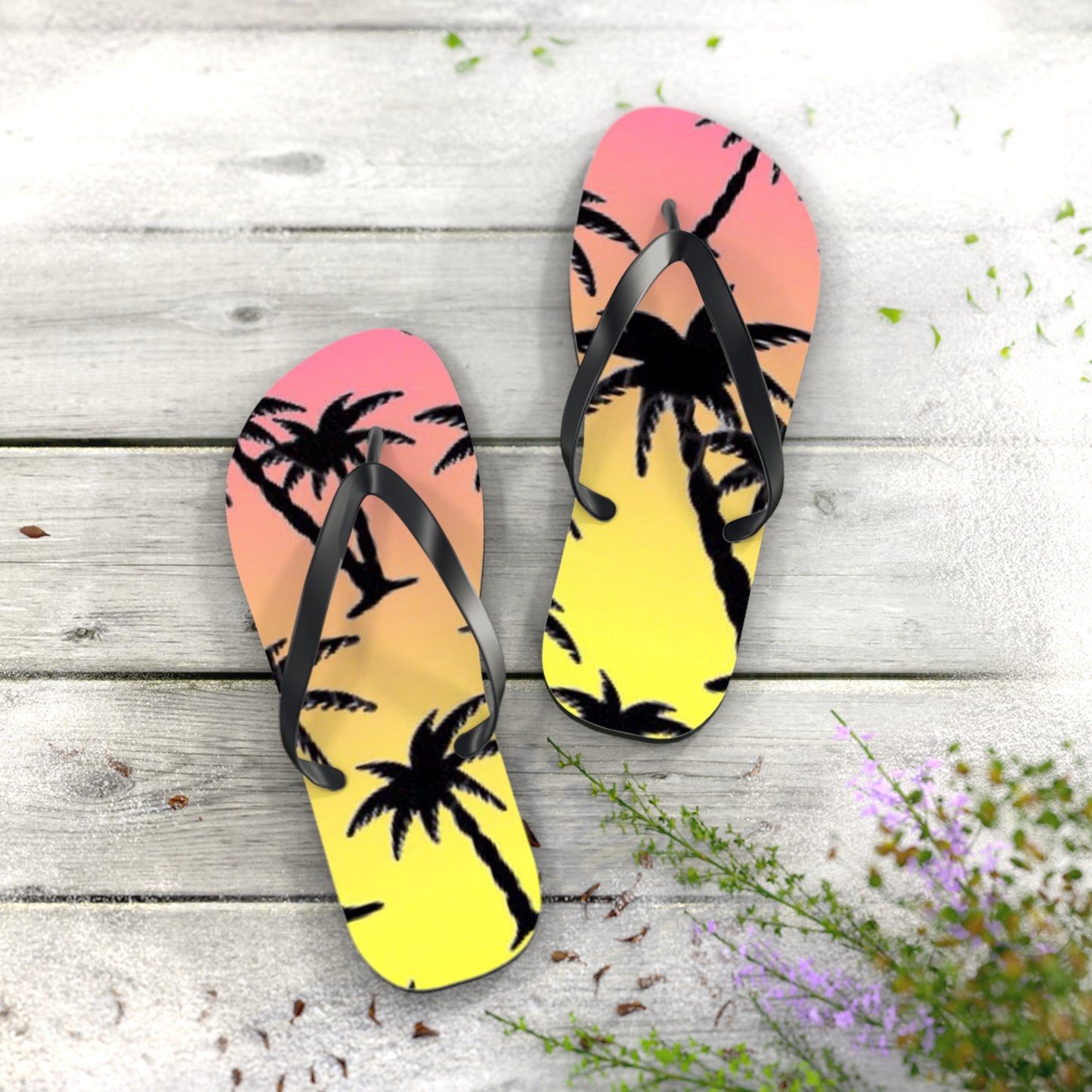 Tropical Sunset Flip Flops – Beach Vibes Sandalen mit Palmen-Design