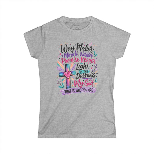 Women's Tee — "He's WayMaker, Miracle Worker" Christian Graphic