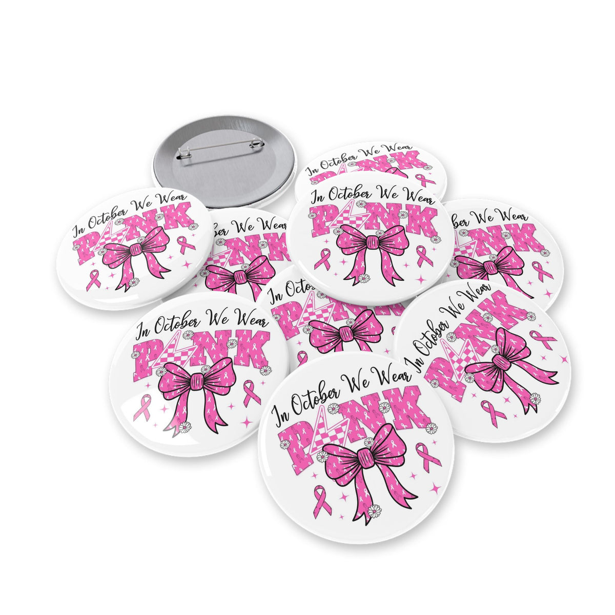 Breast Cancer Awareness Round Pin — "In October We Wear Pink" Ribbon Button