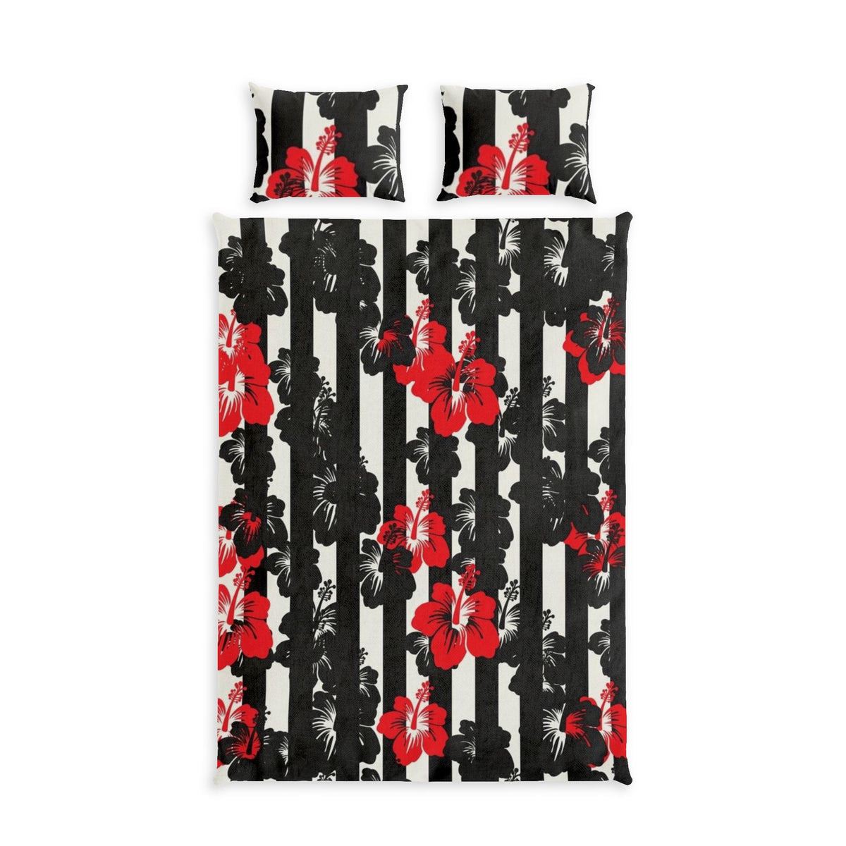 Floral Stripes Cotton Bed Set — Black & White Stripe with Red Hibiscus Bedding