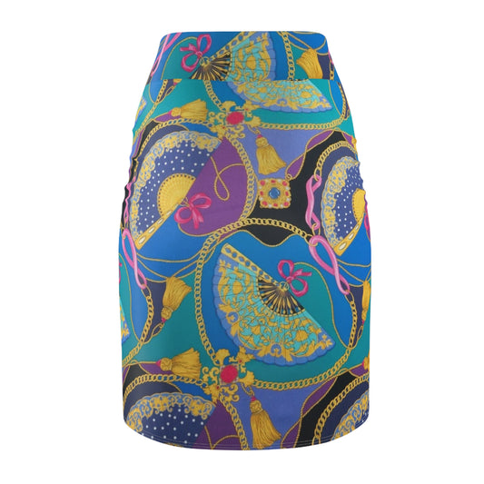 Retro Fan-Print Pencil Skirt — Colorful Baroque Chain & Fan Pattern