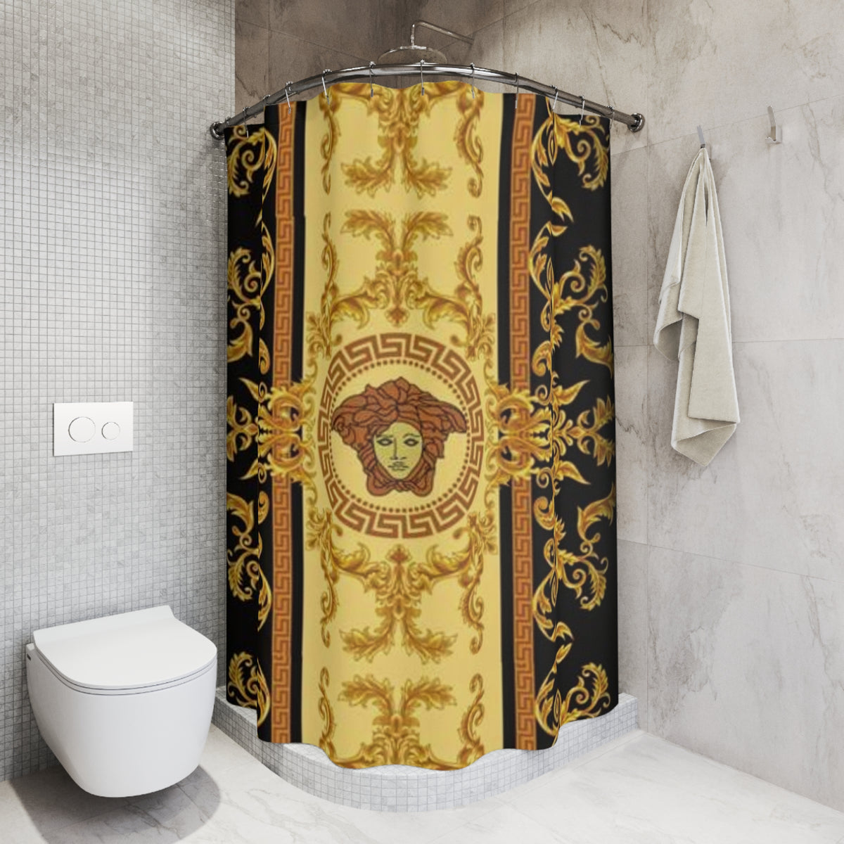 Baroque Medusa Shower Curtain — Gold Greek Key Luxury Bath Decor