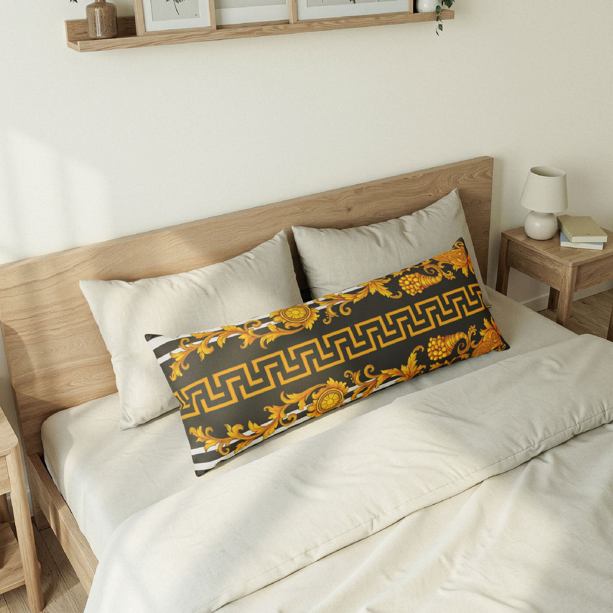 Baroque Gold Scroll Body Pillow — Black & Gold Decorative Bolster