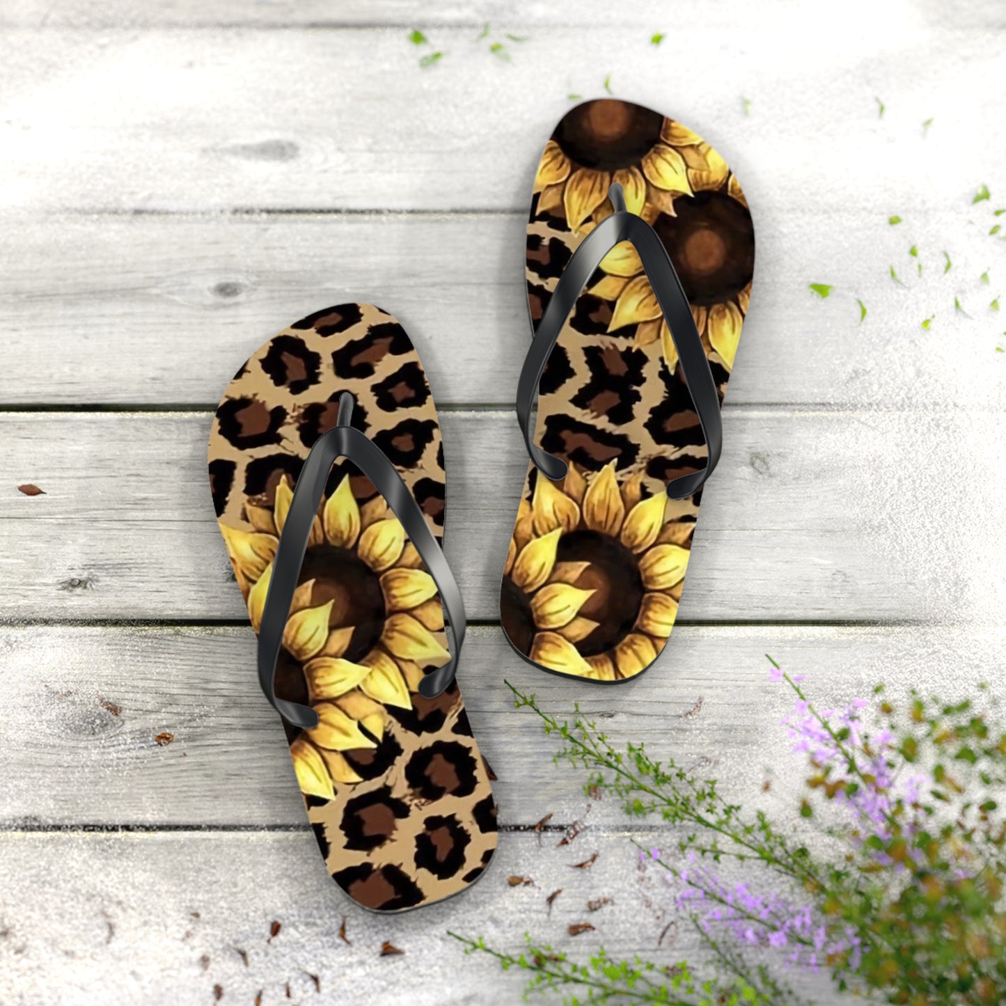 Leopard Print Sunflower Designer Flip Flops