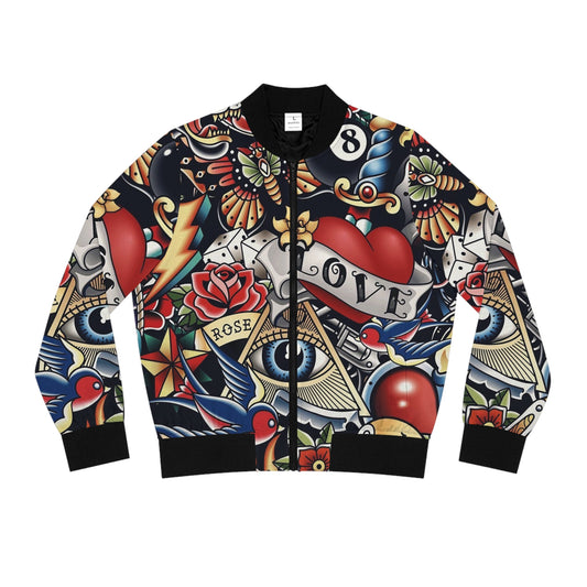 Women's Tattoo-Print Bomber Jacket — Retro Sailor Love AOP