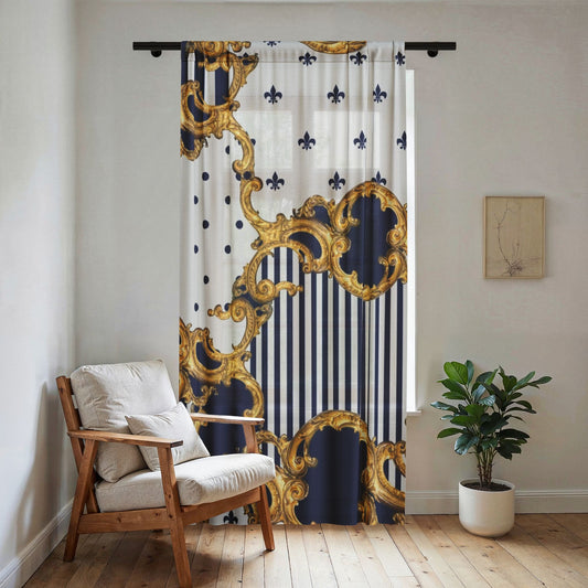 Baroque Fleur-de-Lis Sheer Window Curtain — Navy Stripes & Gold Scroll Sheer Drapery