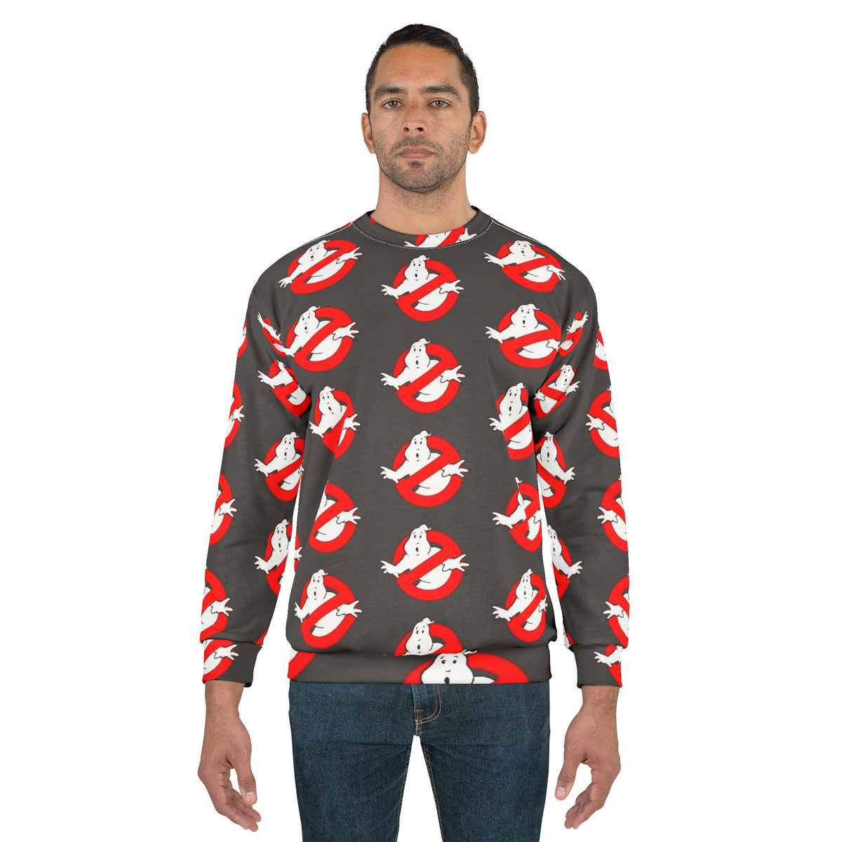 Ghostbuster Pattern Sweatshirt | Cozy Unisex Pullover, Halloween Costume, Gift for Geeks, Vintage Cartoon Apparel, Casual Wear