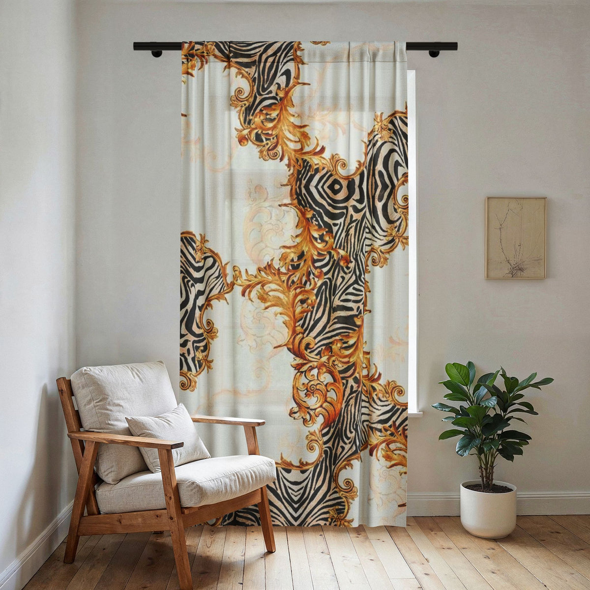 Baroque Zebra Sheer Curtain — Ornate Black & Gold Window Panel