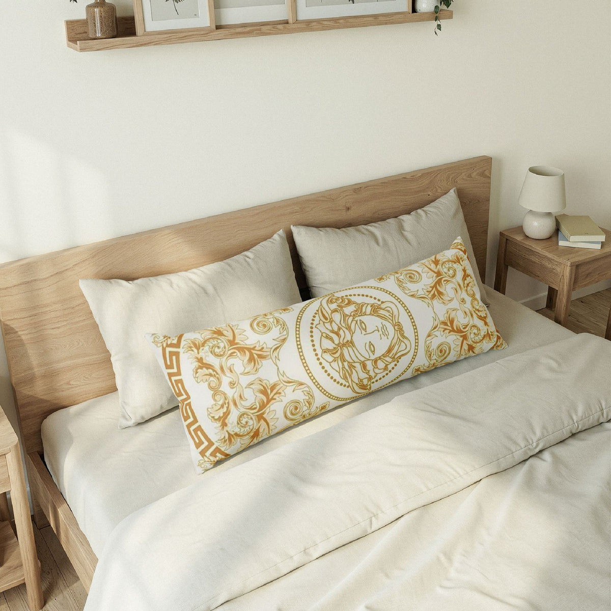 Gold Baroque Medusa Body Pillow — Luxury Decorative Bolster for Glam Home