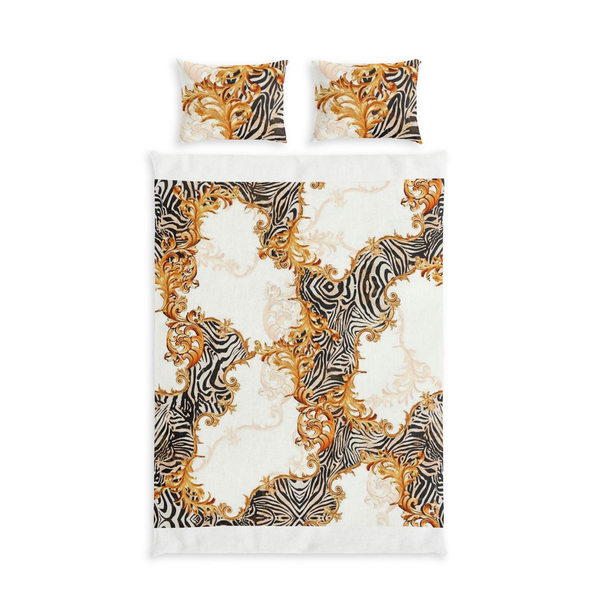 Baroque Zebra Cotton Bed Set – Gold Scroll Pattern Duvet Cover & Pillowcases