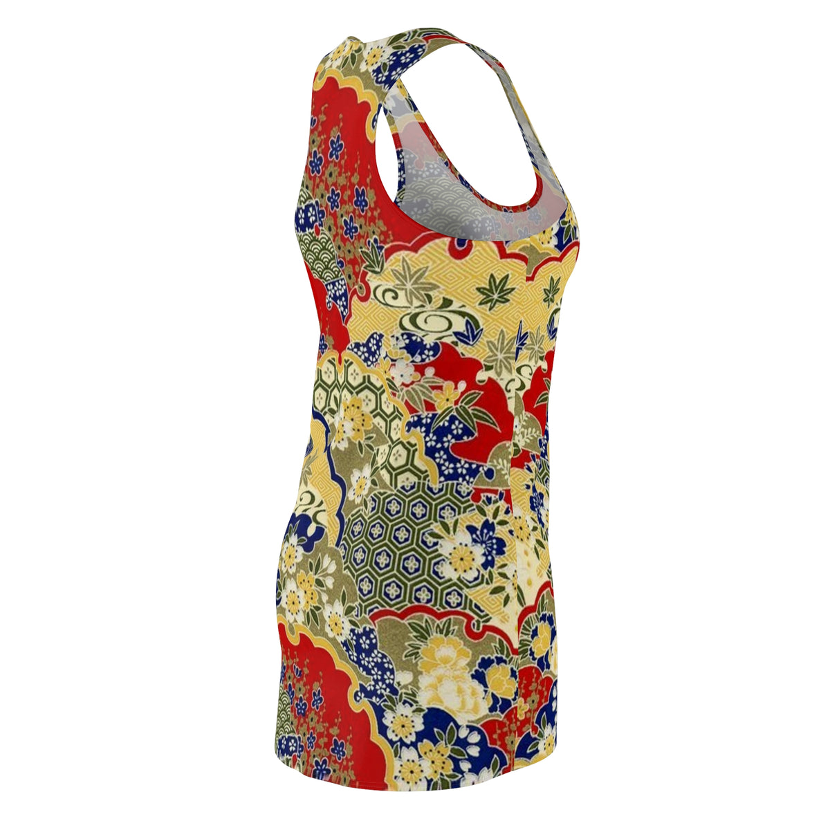 Floral Kimono-Print Racerback Dress — Vibrant Asian-Inspired All-Over Print