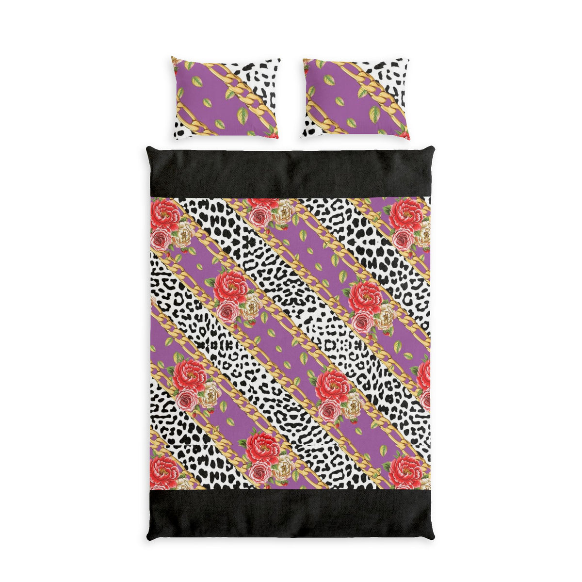 Floral Leopard Stripe Cotton Bed Set — Purple Rose Duvet Cover