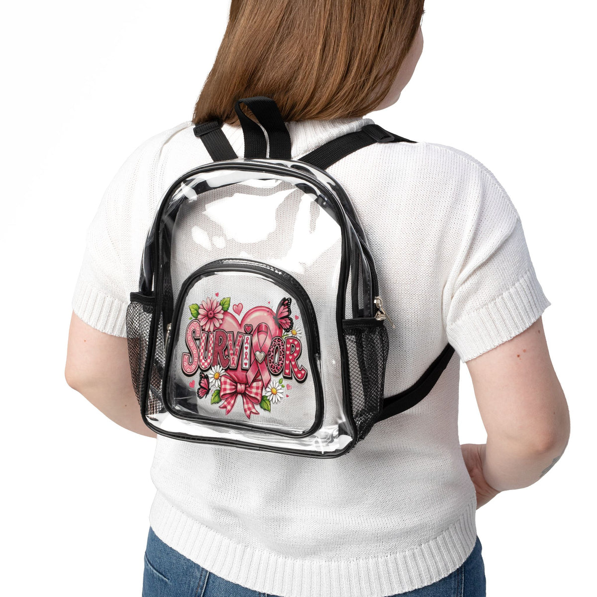 Clear Stadium Backpack — Pink Floral "Survivor" Design