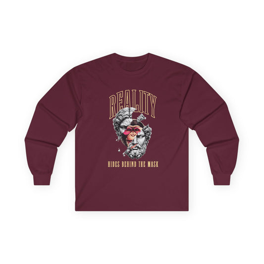 Long Sleeve Tee — 'Reality Hides Behind The Mask' Vintage Statue Face Graphic
