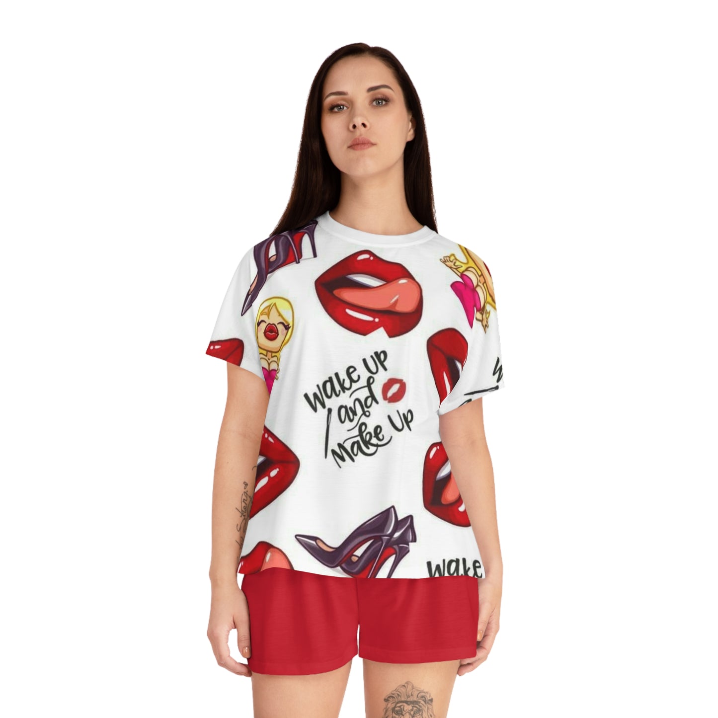 Wake Up & Make Up Women's Short Pajama Set - Fun and Stylish Sleepwear for Relaxation