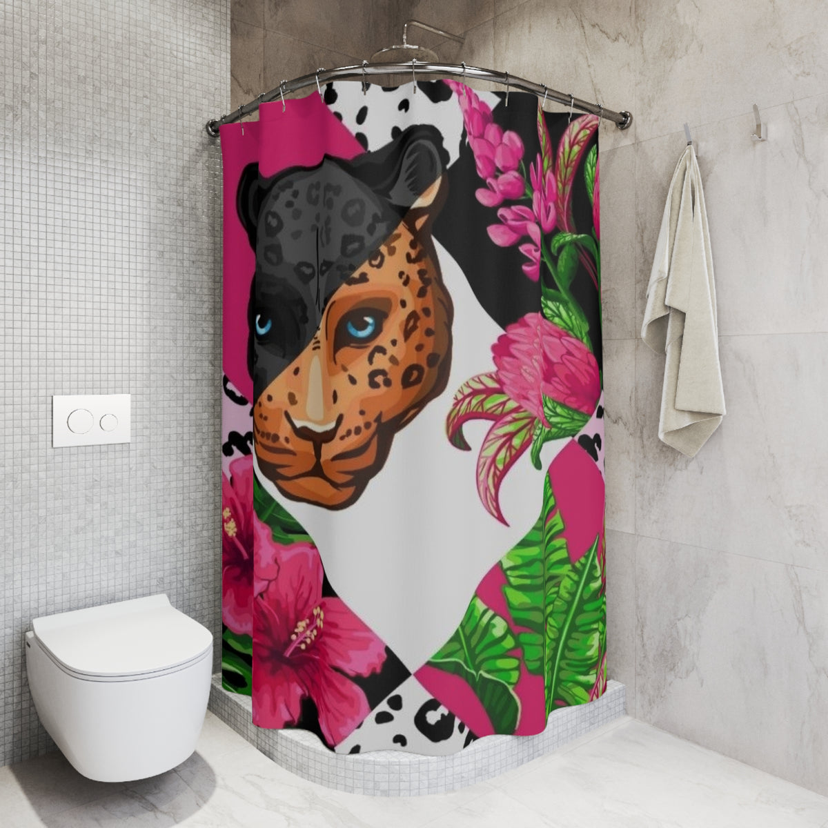 Leopard Floral Shower Curtain — Bold Pink Jungle Bathroom Decor