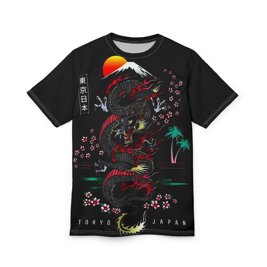 Japanese Dragon Unisex Cut & Sew Tee - Tokyo Design with Cherry Blossoms