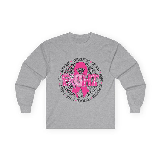 Breast Cancer Awareness Long Sleeve Tee — Pink Ribbon “Fight” Leopard Design