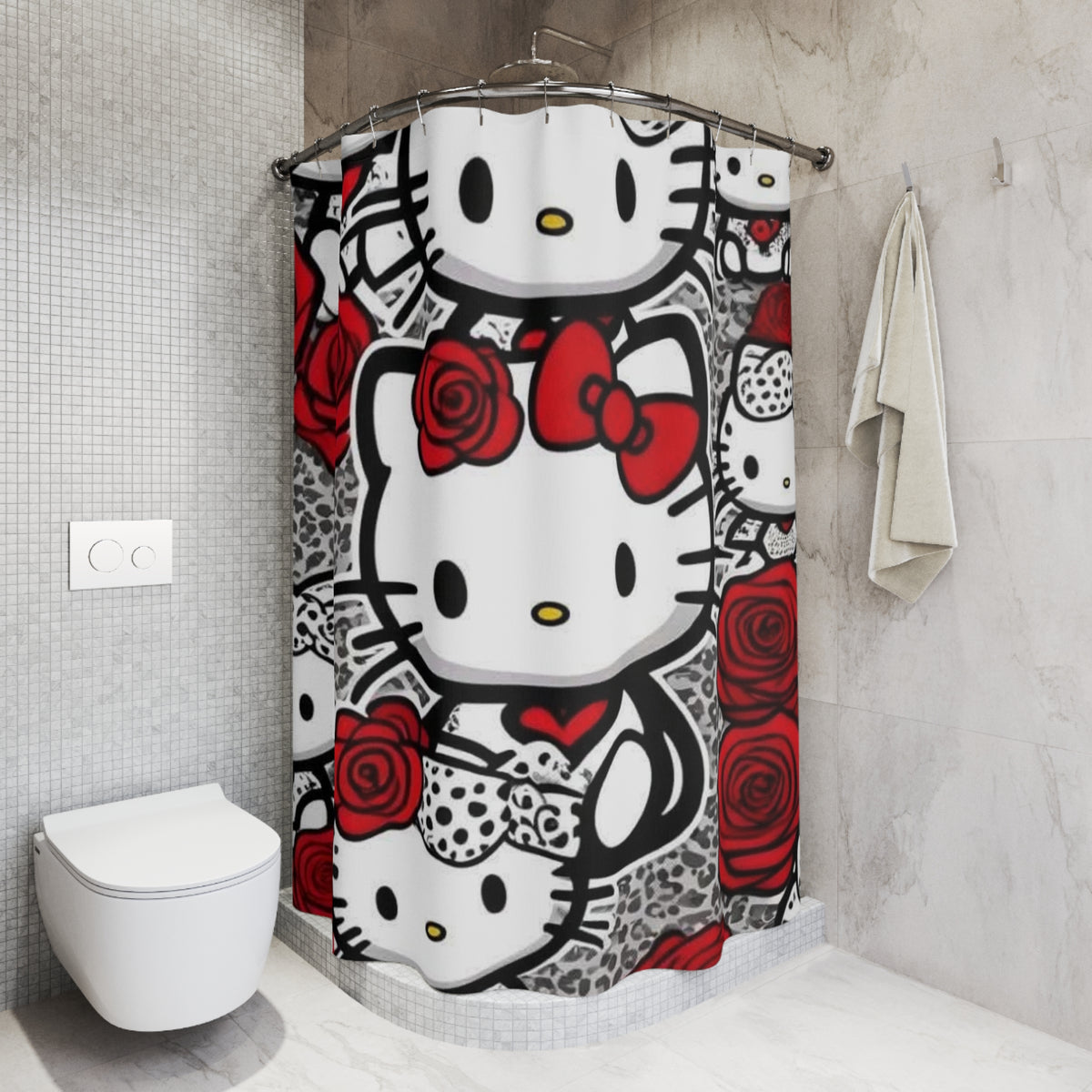 Hello Kitty Red Rose Shower Curtain — Cute Floral Bathroom Decor