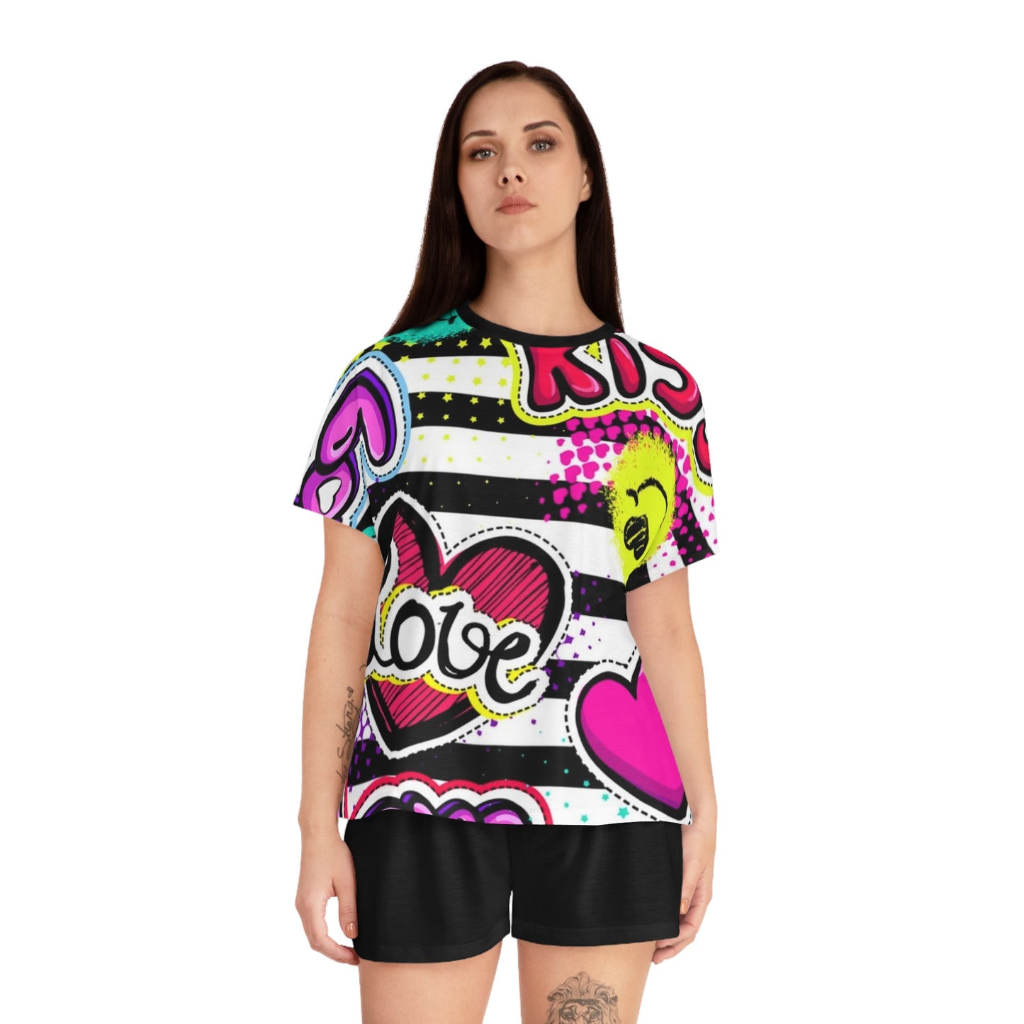 Colorful “Kiss Love” Women's Short Pajama Set with Love & Heart Graphics