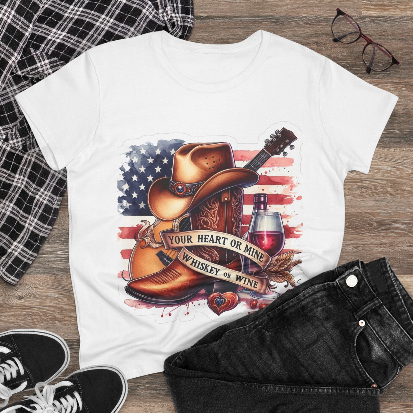 “You’re Heart or Mine, Whiskey or Wine” Women's Patriotic Cotton Tee