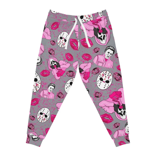 Horror Icon Pattern Joggers — Pink Slasher Kiss All-Over Print