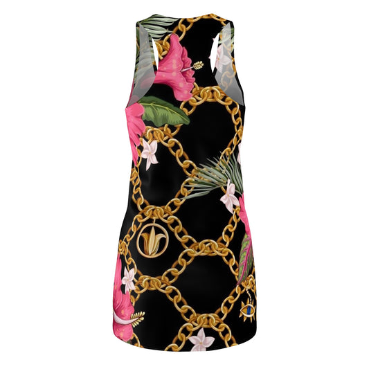 Racerback Dress — Black Floral & Gold Chain All-Over Print