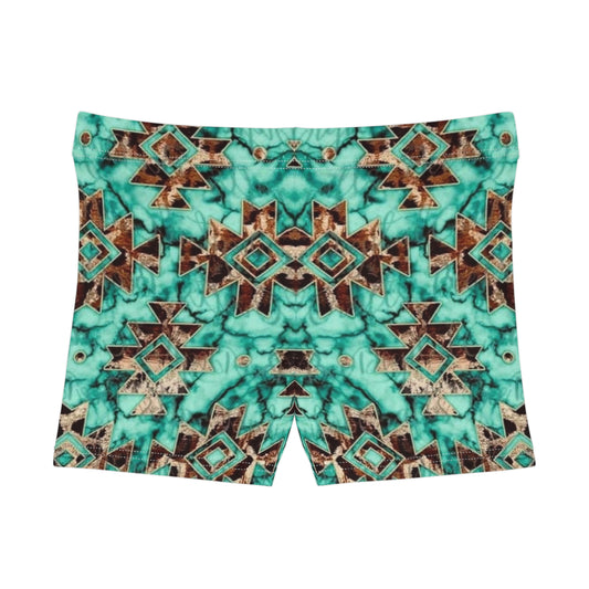 Turquoise Western Geometric Print Women's Shorts