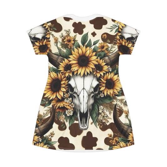 Western Style T-Shirt Dress with Bull Horns and Sunflowers Design