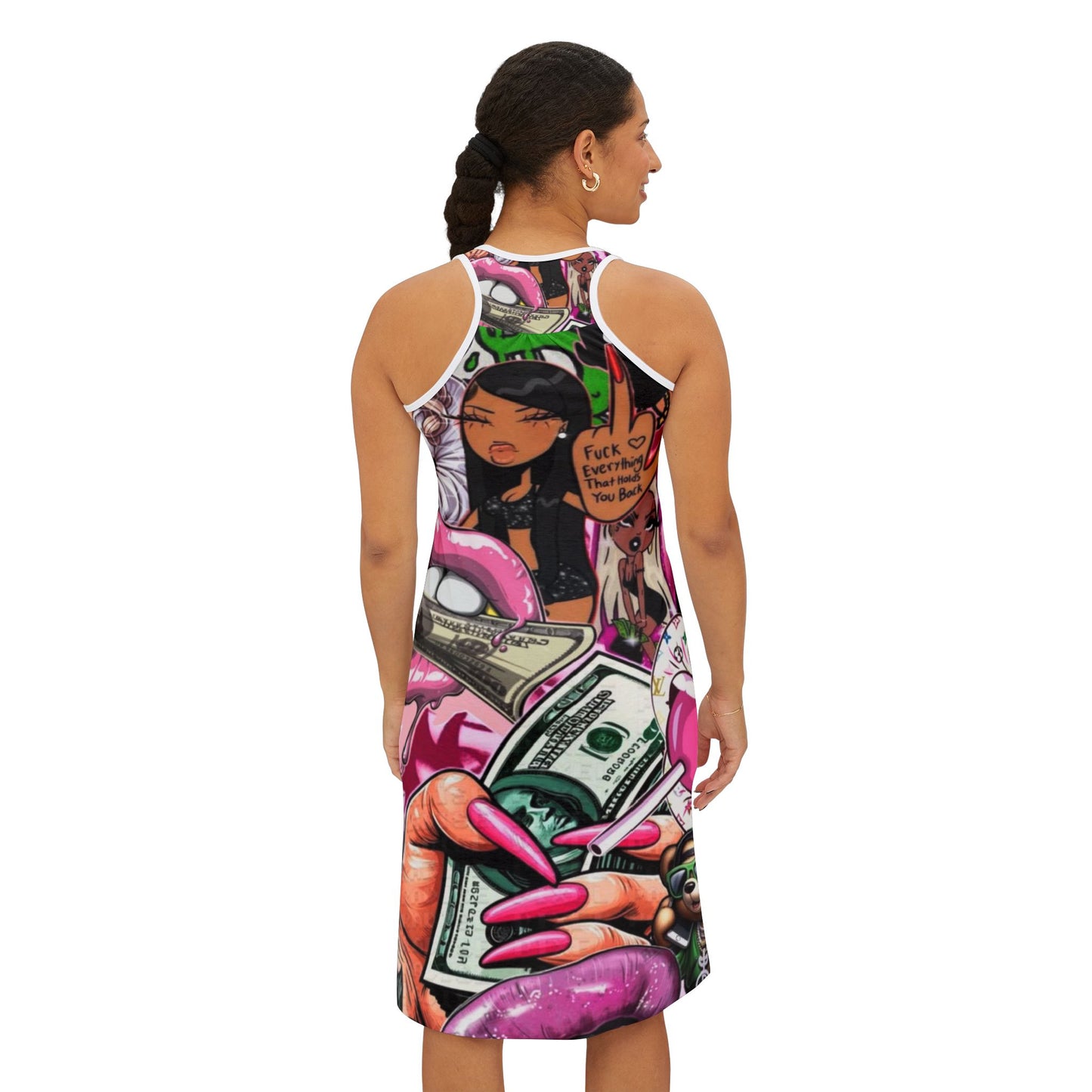 Bold Graphic Women's Racerback Dress - Stylish Streetwear for Confident Women
