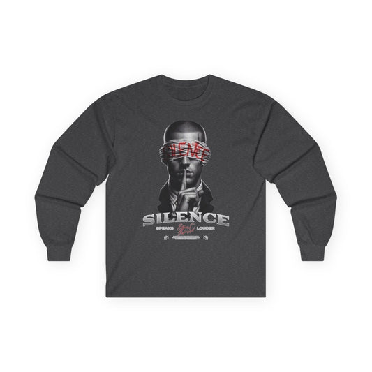 Silence Graphic Long Sleeve Tee — 'Silence' Poster Design with Shushing Figure
