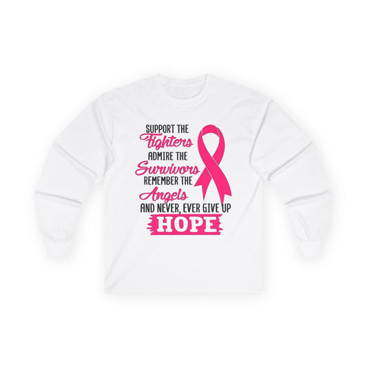 Breast Cancer Awareness Long Sleeve Tee — "Support the Fighters, Admire the Survivors" Hope Ribbon