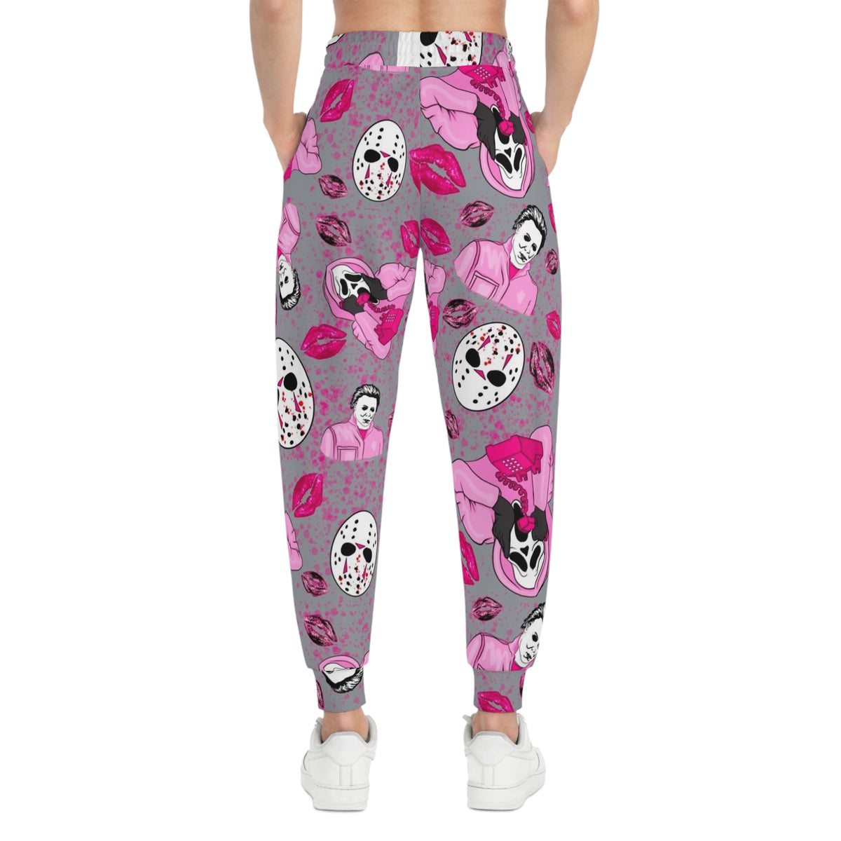 Horror Icon Pattern Joggers — Pink Slasher Kiss All-Over Print